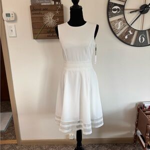Sz4 Calvin Klein white illusion trim fit and flare lined scuba crepe dress NWT